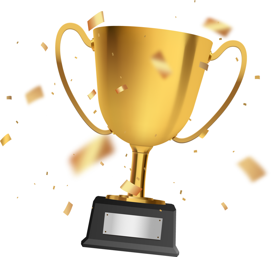 Trophy cup with gold confetti. Gold prize